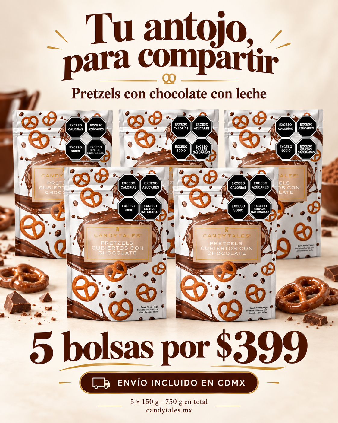 Cinco bolsas de pretzels de 150 g por $399 MXN, envío incluido en Ciudad de México