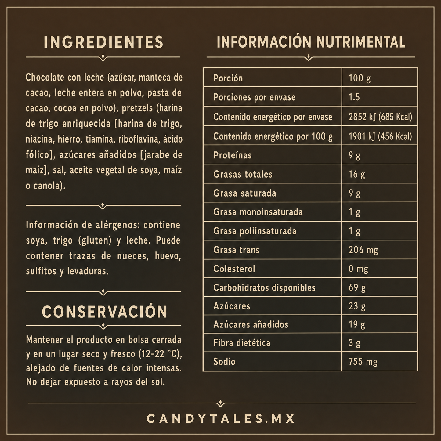 Ingredientes e información nutrimental de Pretzels con chocolate CandyTales 150 g