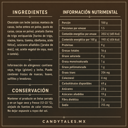 Ingredientes e información nutrimental de Pretzels con chocolate CandyTales 150 g