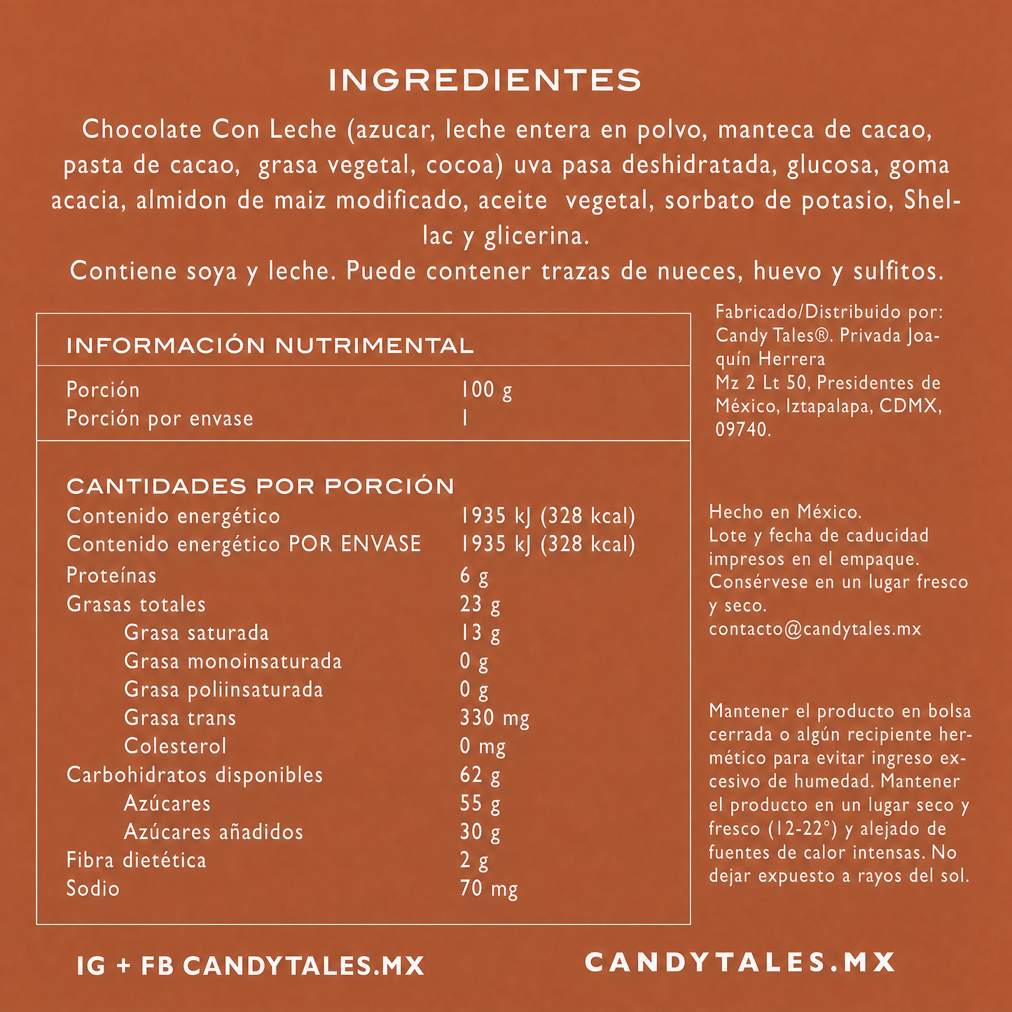 Ingredientes e información nutrimental de Pasitas con Chocolate con Leche
