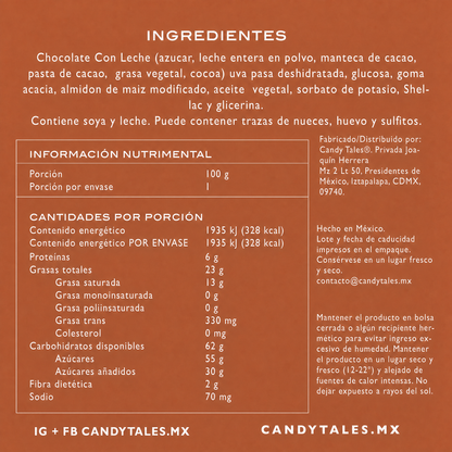 Ingredientes e información nutrimental de Pasitas con Chocolate con Leche