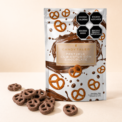 Empaque CandyTales y pretzels cubiertos con chocolate con leche
