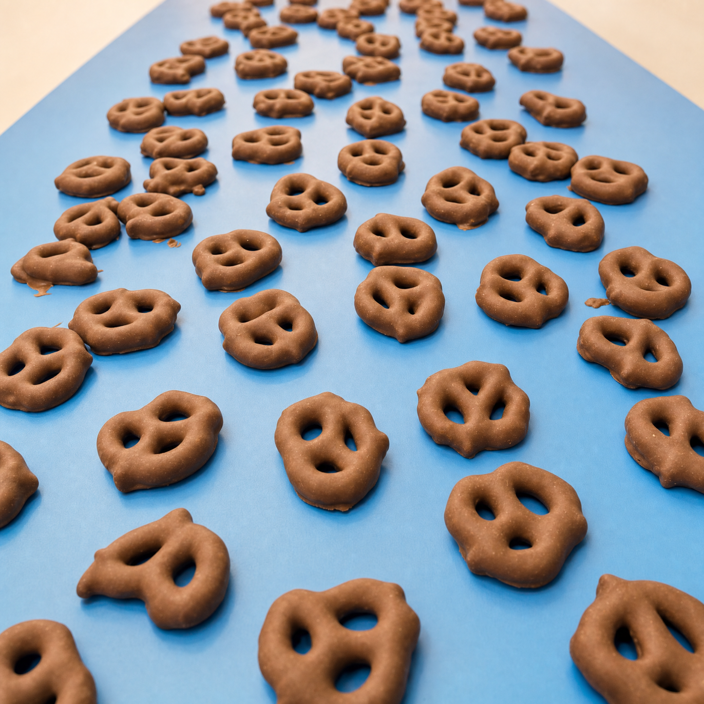 Pretzels cubiertos con chocolate con leche sobre banda de producción azul