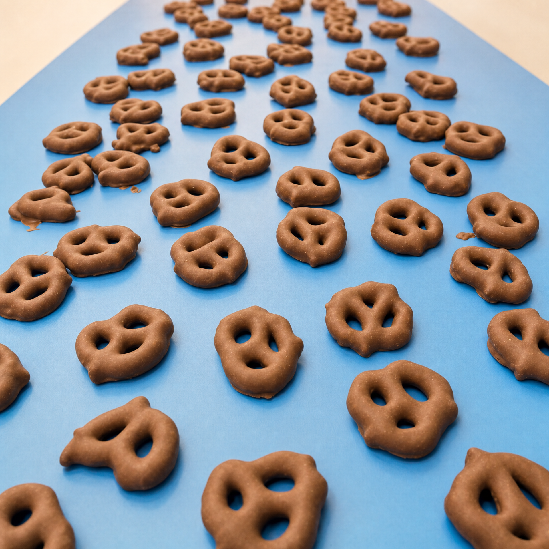 Pretzels cubiertos con chocolate con leche sobre banda de producción azul