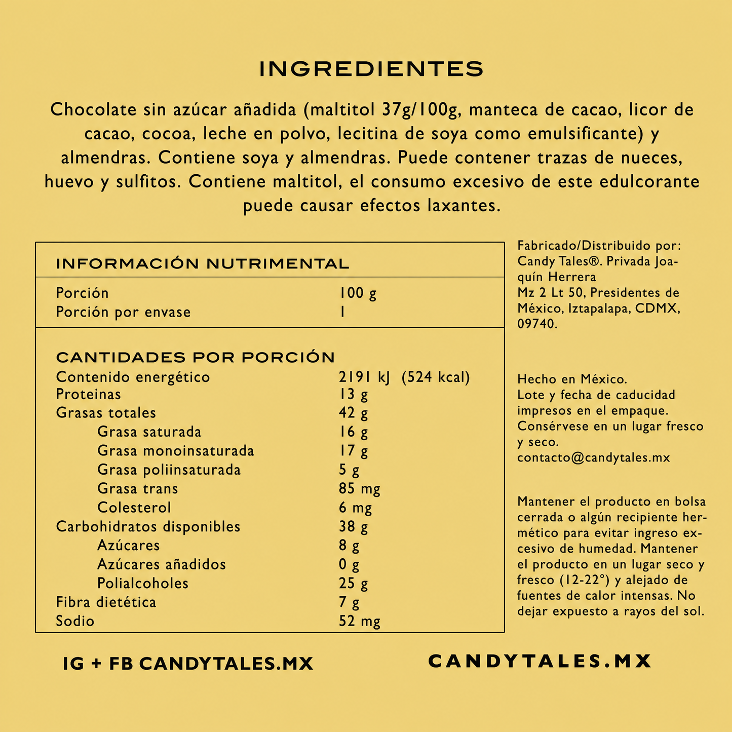 Ingredientes e información nutrimental de Almendras con Chocolate sin Azúcar