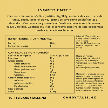 Ingredientes e información nutrimental de Almendras con Chocolate sin Azúcar