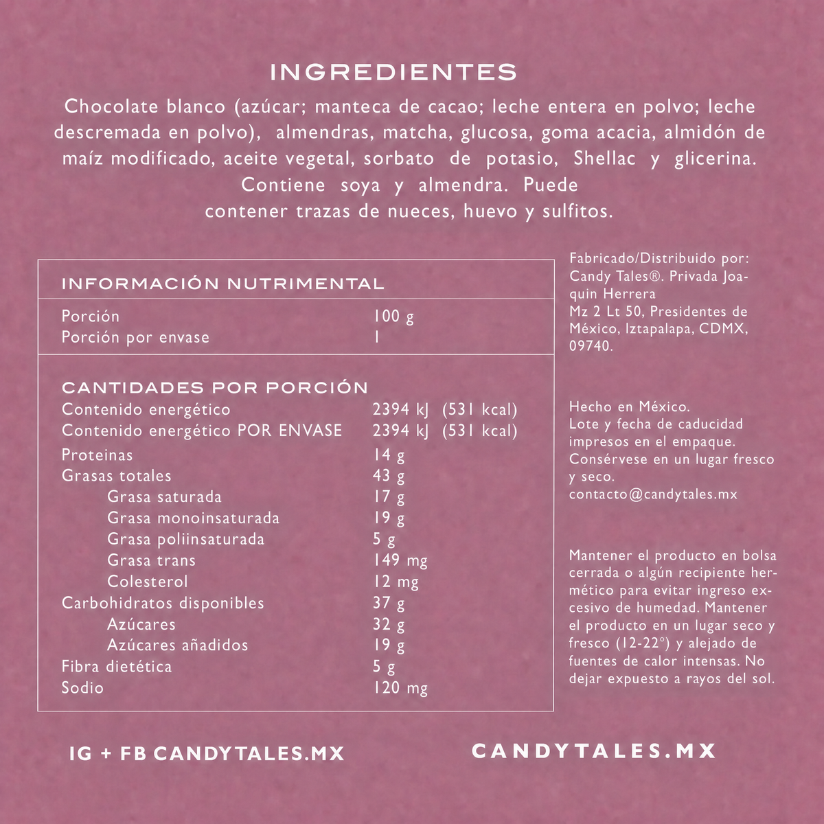 Ingredientes e información nutrimental de Almendras con Matcha