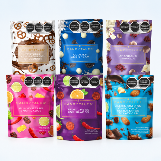 Kit Degustación CandyTales con seis productos de chocolate, enchilados y pretzels