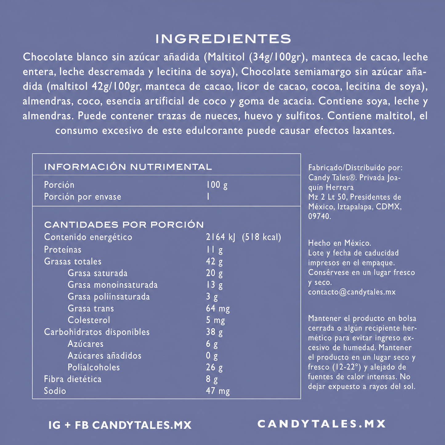 Ingredientes e información nutrimental de Almendras con Coco