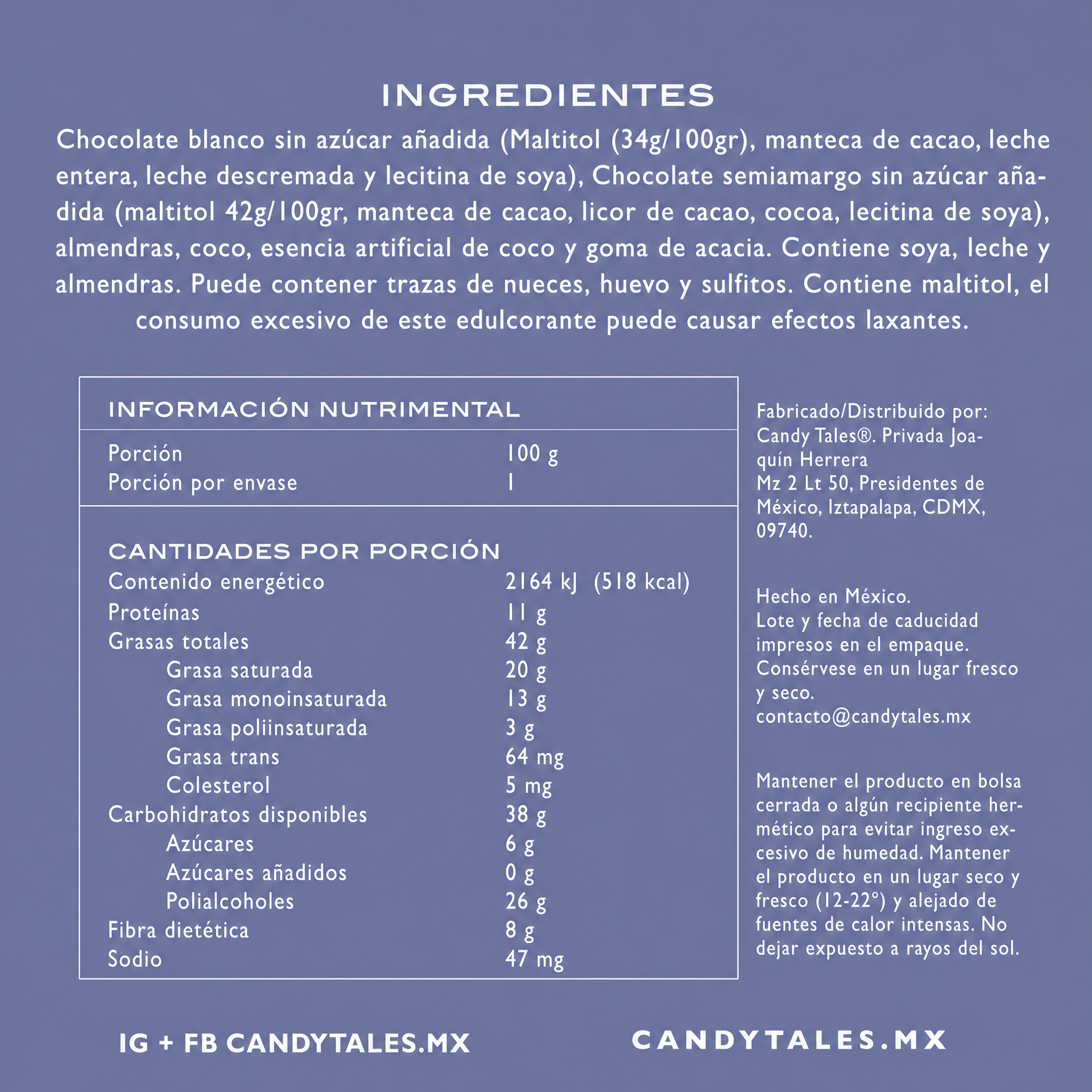 Ingredientes e información nutrimental de Almendras con Coco