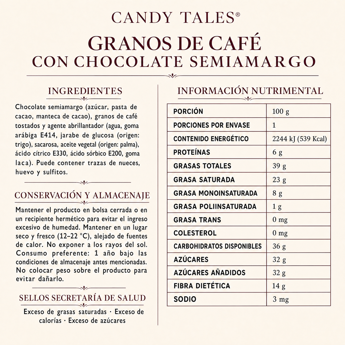 Ingredientes e información nutrimental de Granos de Café con Chocolate