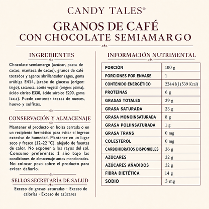Ingredientes e información nutrimental de Granos de Café con Chocolate